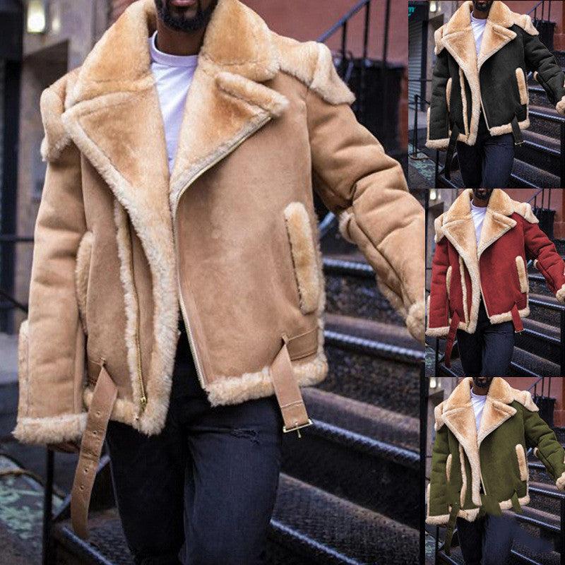 Men's padded jacket in tan suede with sherpa shearling trim and belt ties