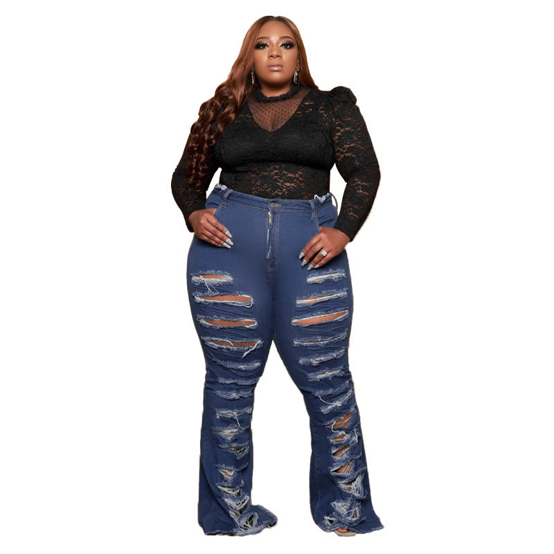 New Washing Trend Large Size Women's Torn Jeans - WOMONA.COM