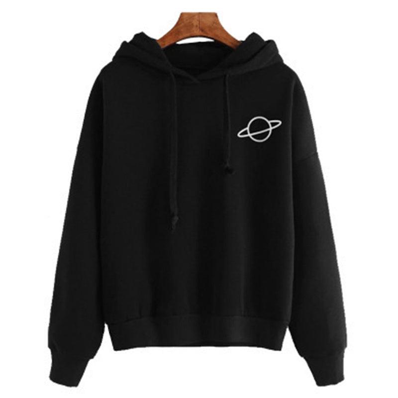 Black pullover hoodie with hood, black drawstrings, front pocket, and small planet logo