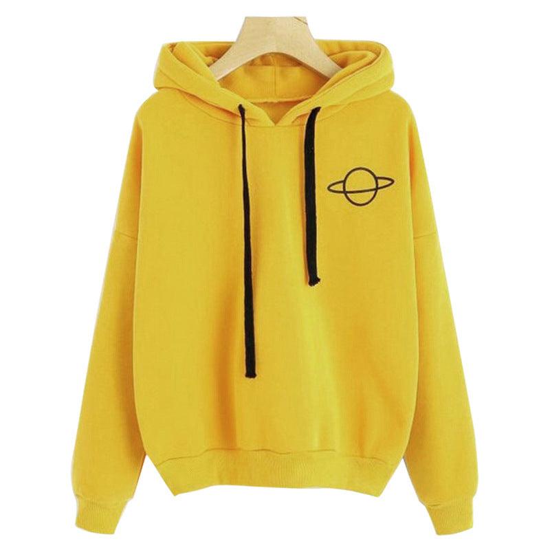 Yellow pullover hoodie with hood, black drawstrings, front pocket, and small planet logo