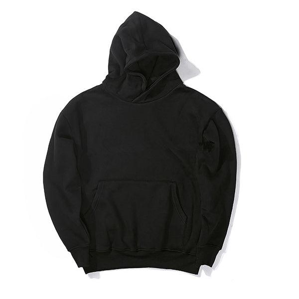 Black fleece hooded sweater with kangaroo pocket and ribbed cuffs and hem