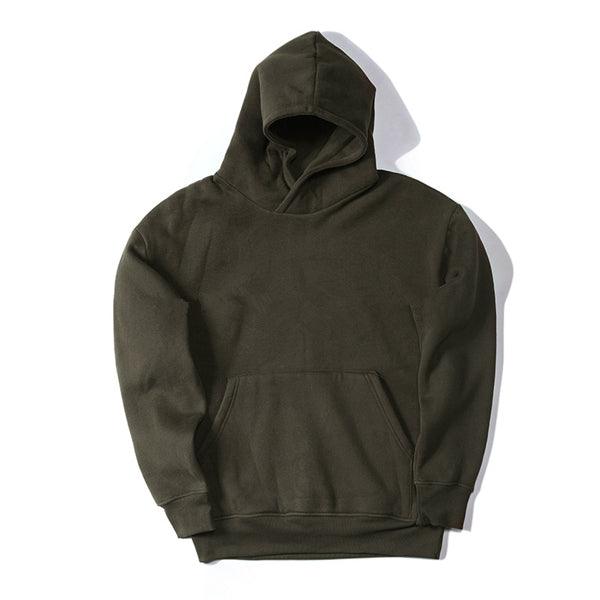 Olive green fleece hooded sweater with kangaroo pocket and ribbed cuffs and hem