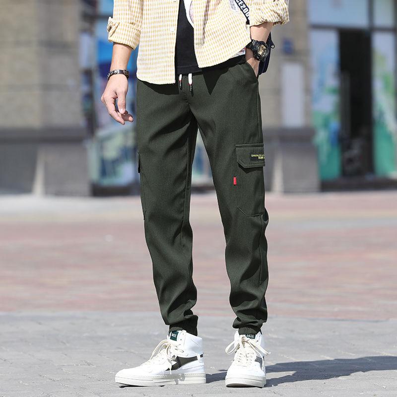 Teenage slim cargo trousers, army green with drawstring waist and ankle cuffs, side pocket detail