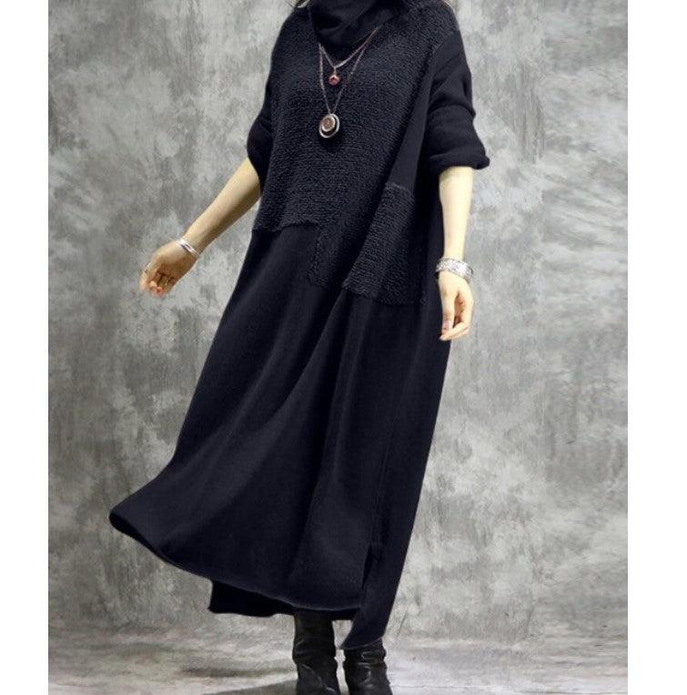 Women’s high-neck long-sleeve maxi dress, navy blue, irregular flared hem, front pockets