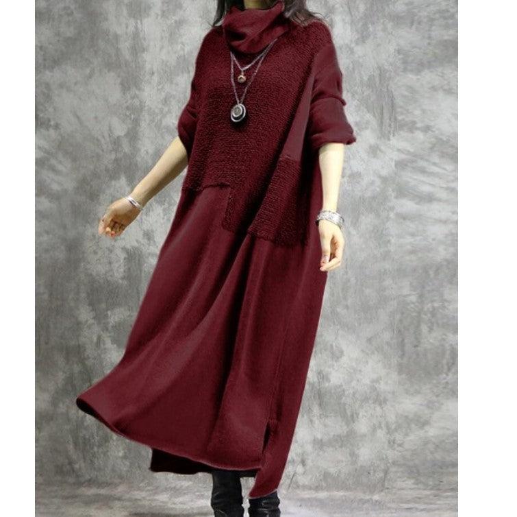 Women’s high-neck long-sleeve maxi dress, wine red, irregular flared hem, front pockets