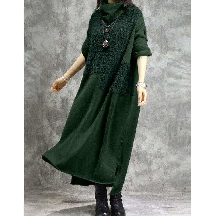 Women’s high-neck long-sleeve maxi dress, deep green, irregular flared hem, front pockets
