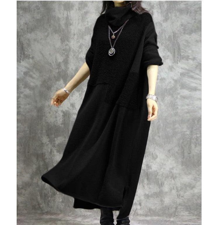 Women’s high-neck long-sleeve maxi dress, black, irregular flared hem, front pockets