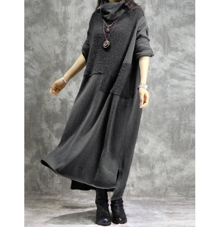 Women’s high-neck long-sleeve maxi dress, charcoal grey, irregular flared hem, front pockets