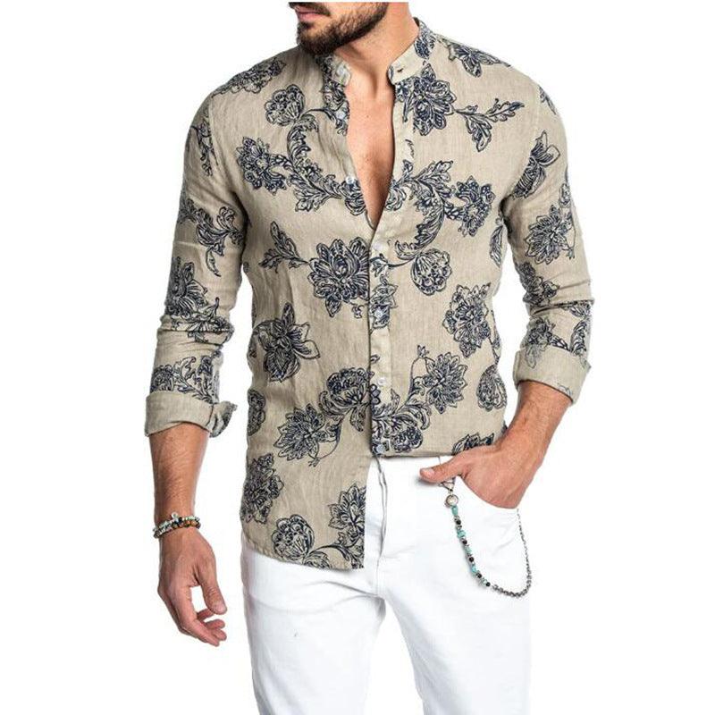 Men’s khaki button-up shirt with blue floral print, open V-neck collar and 3/4 sleeves