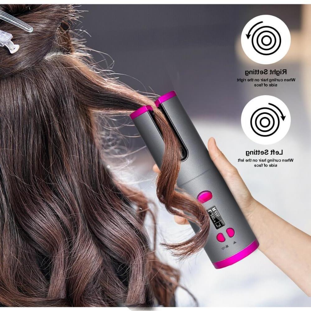 Pink cordless automatic hair curler with curved barrel and digital control buttons
