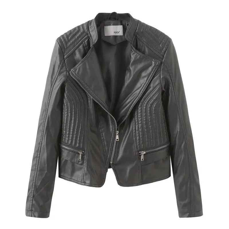 Black leather jacket with angled zip pockets and quilted shoulder details