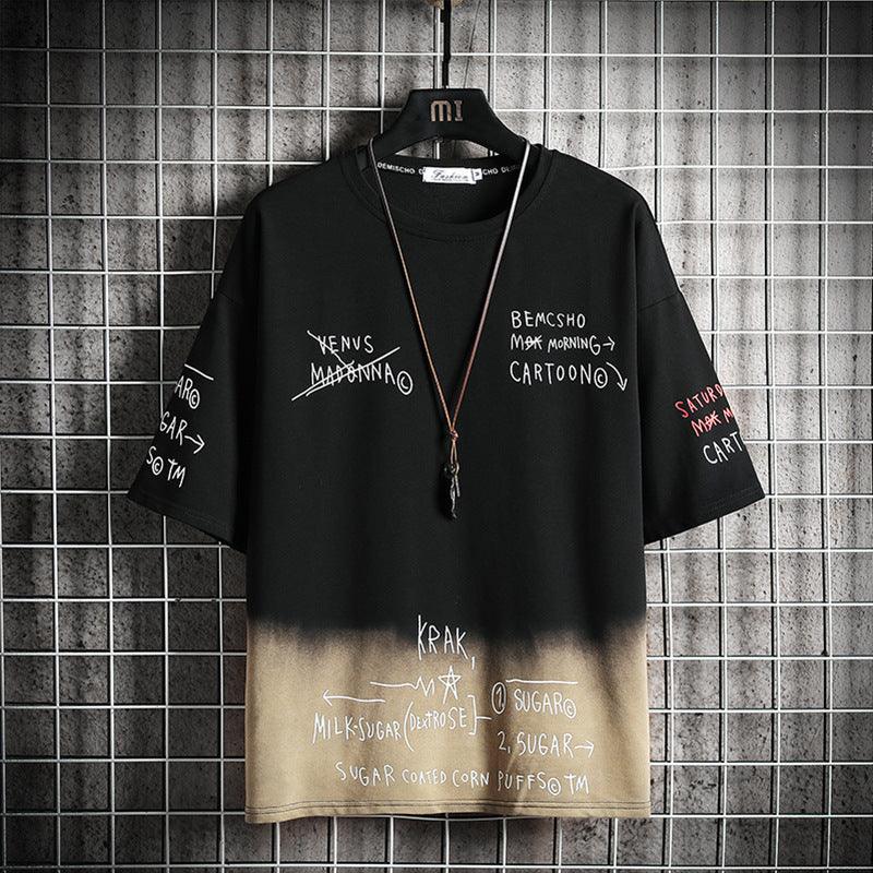 Black short-sleeve T-shirt with graphic text prints and blue-to-beige gradient hem