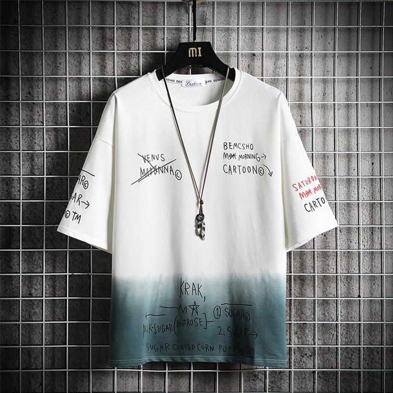 White short-sleeve T-shirt with graphic text prints and blue gradient hem
