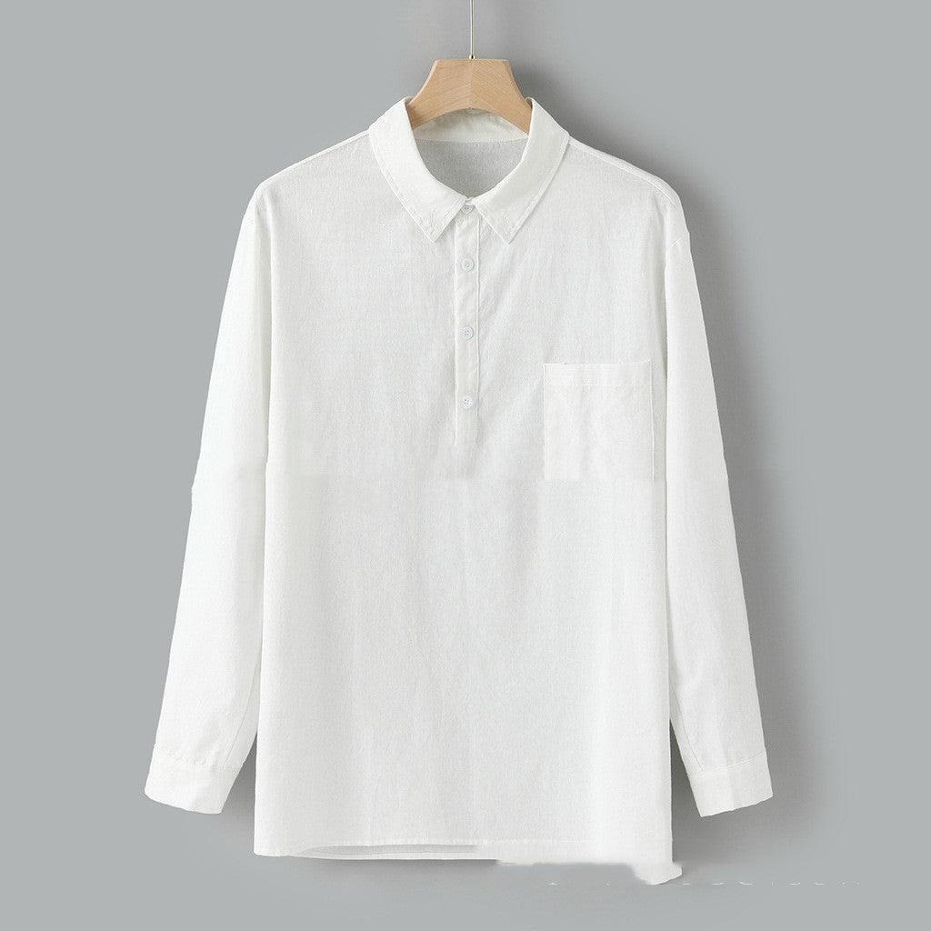 White button-front long sleeve shirt with point collar and chest pocket