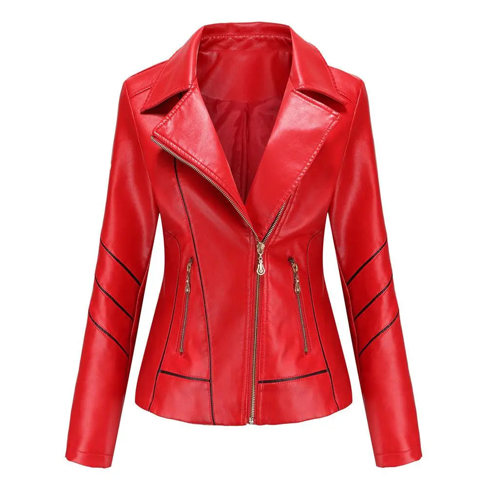 Red faux-leather short coat jacket with stand collar, front zipper, and contrast sleeve seam lines