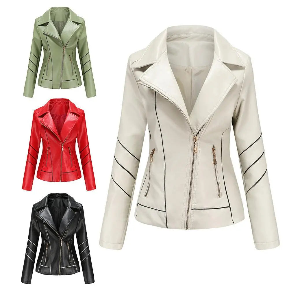 Cream faux-leather short coat jacket with stand collar, front zipper, and slanted pockets