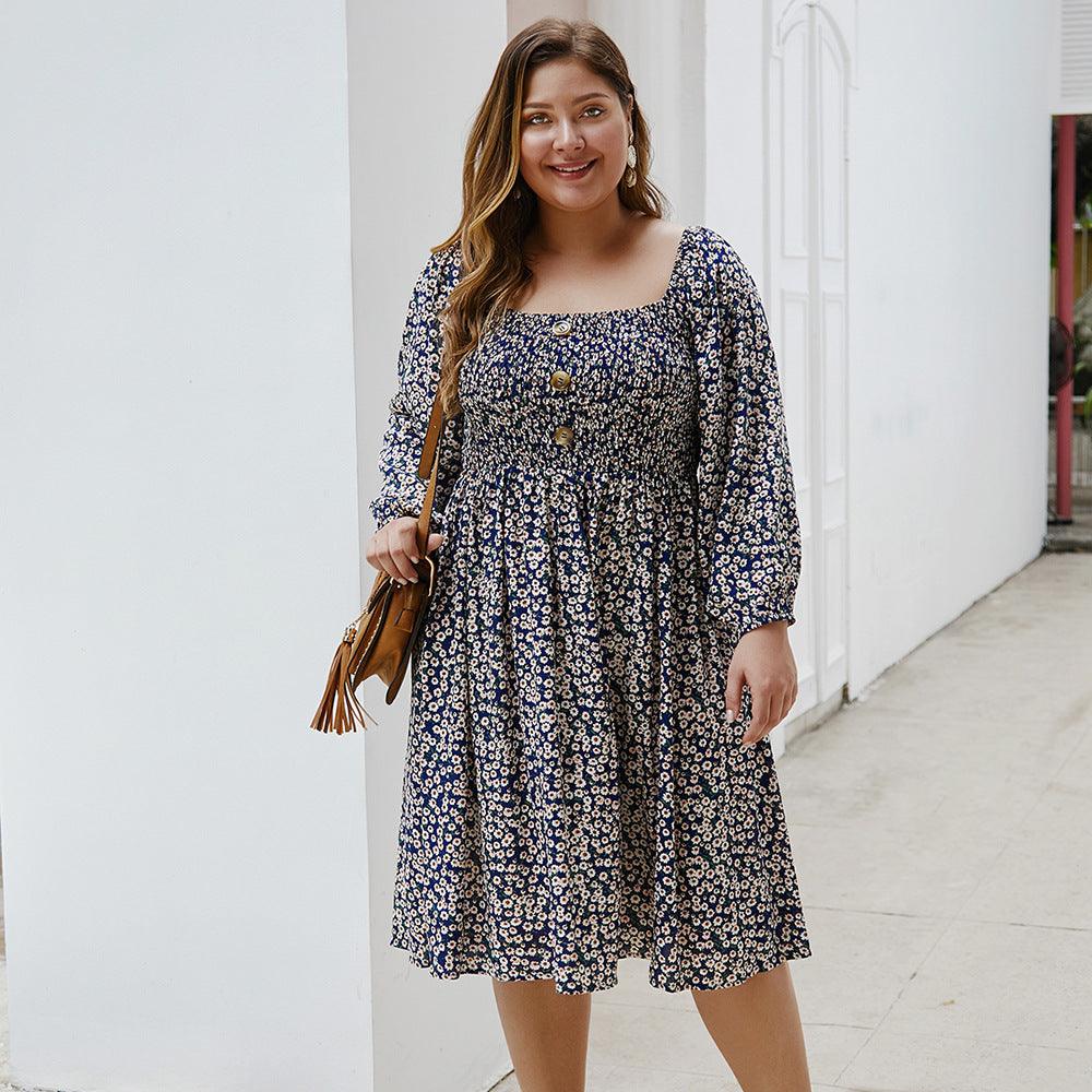 Floral Square Collar Plus Size Dress - WOMONA.COM