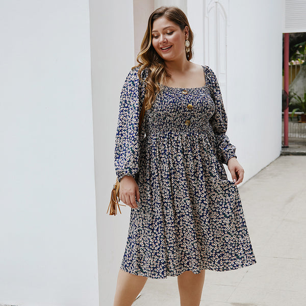 Floral Square Collar Plus Size Dress - WOMONA.COM