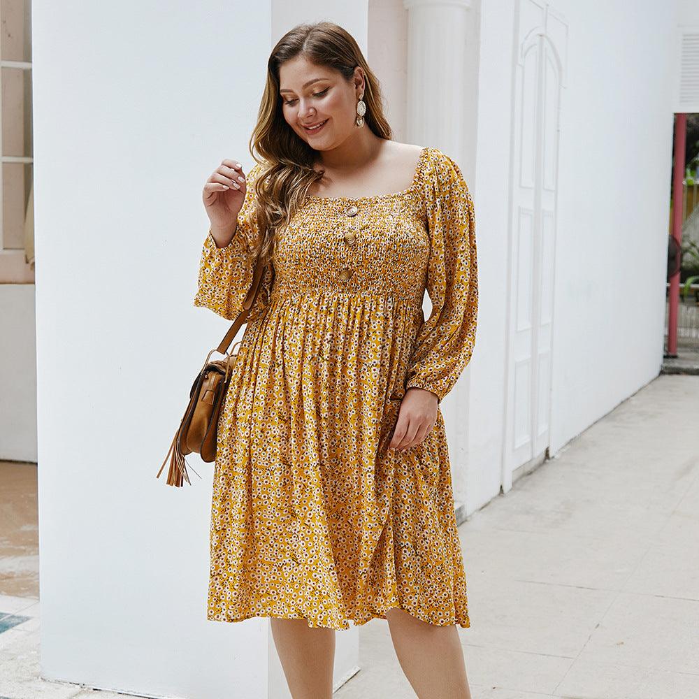 Floral Square Collar Plus Size Dress - WOMONA.COM