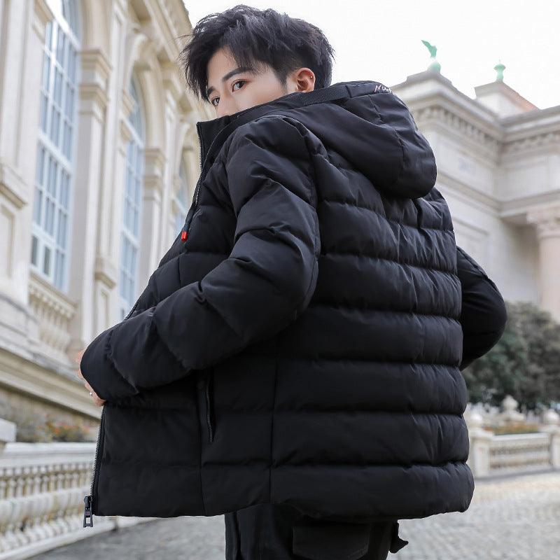 Men's hooded cotton puffer jacket, black, full-zip with quilted panels and hood