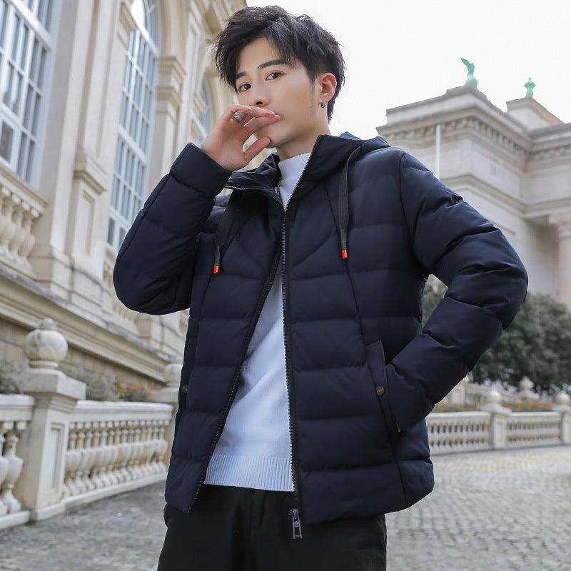 Men's hooded cotton puffer jacket, navy, front view with drawstring hood