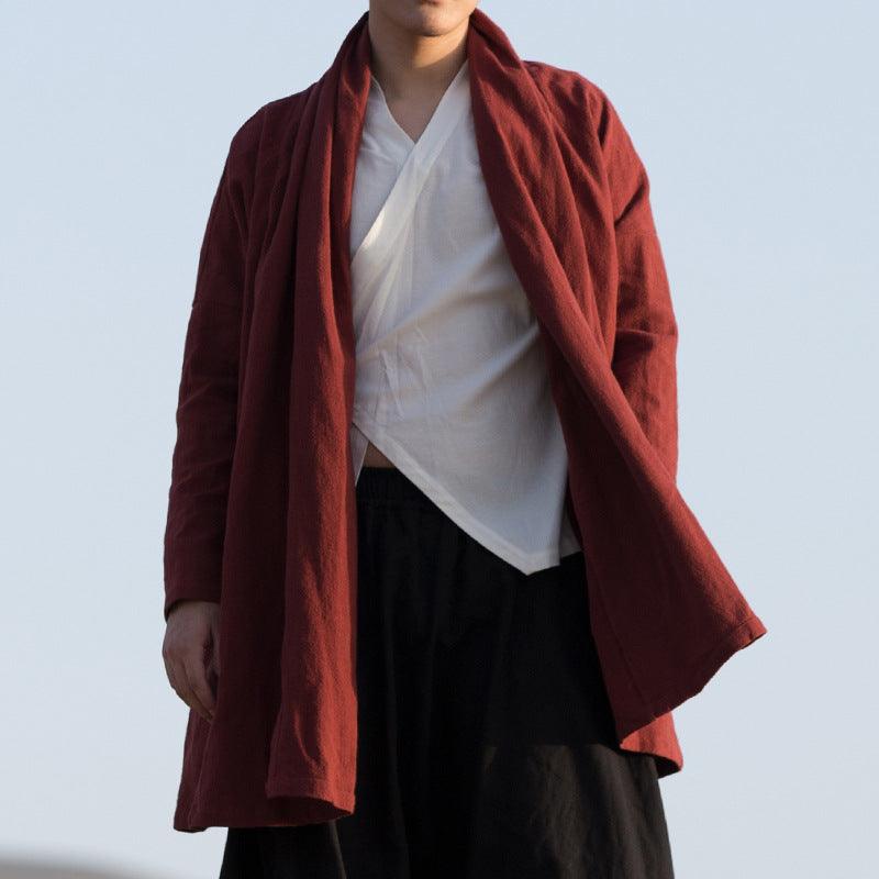 Men's red windbreaker coat with open front, relaxed fit, and long sleeves