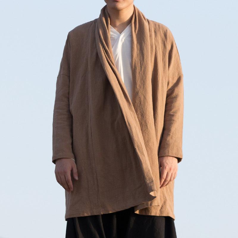 Men's khaki windbreaker coat with open front, draped collar, and long sleeves