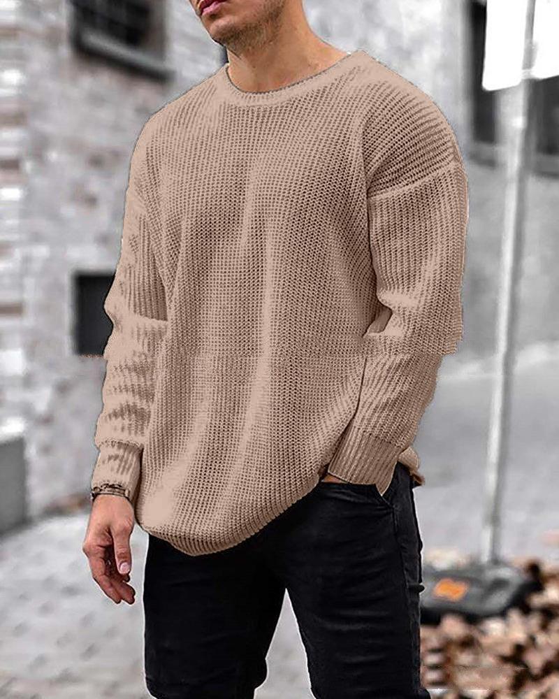 Beige knit crewneck sweater top with long sleeves, relaxed fit