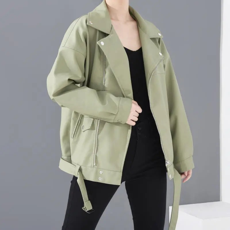 Sage green leather jacket with zip front and snap flap pockets