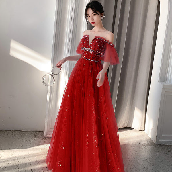 One-Shoulder Noble Temperament Starry Sky Birthday Bride Toast Dress Long - WOMONA.COM