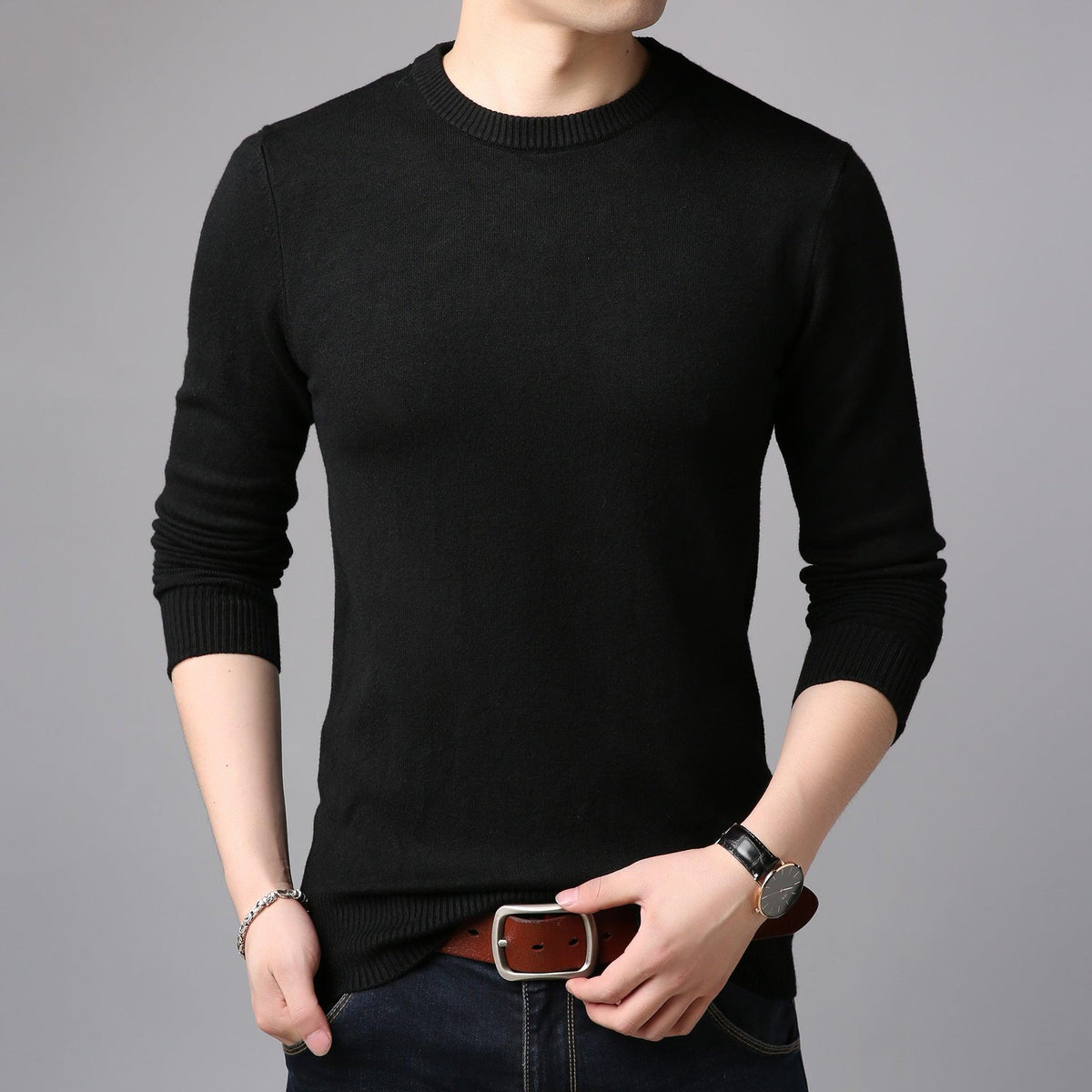 Men's black round-neck knit sweater with ribbed cuffs and hem.
