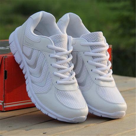 Women’s mesh lace-up flat sneakers, white with white laces and rubber sole detail