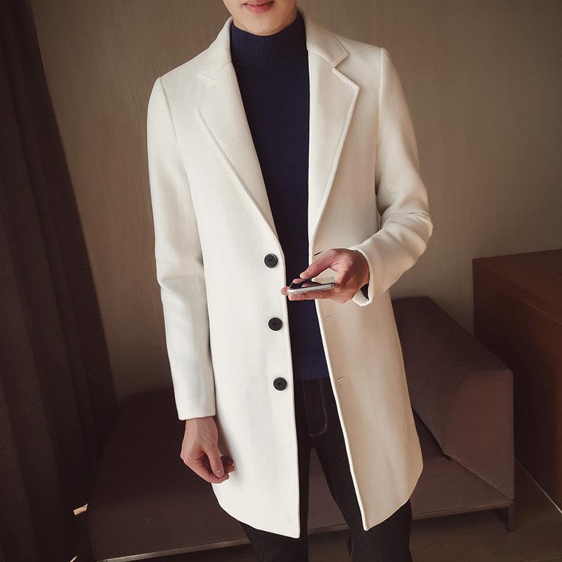 White slim-fit wool trench coat with notched lapels and button front