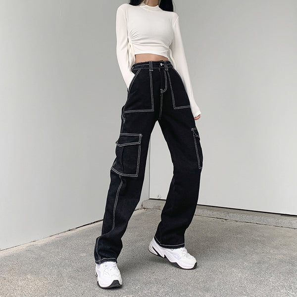 Black Straight High-rise Jeans - WOMONA.COM