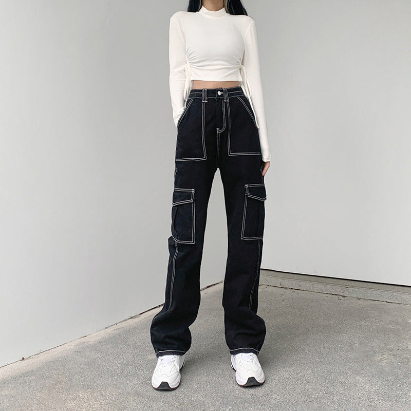 Black Straight High-rise Jeans - WOMONA.COM