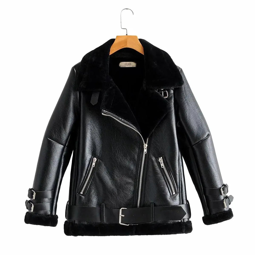 Black leather jacket with oblique zip, faux shearling collar, cuffs, hem and belt