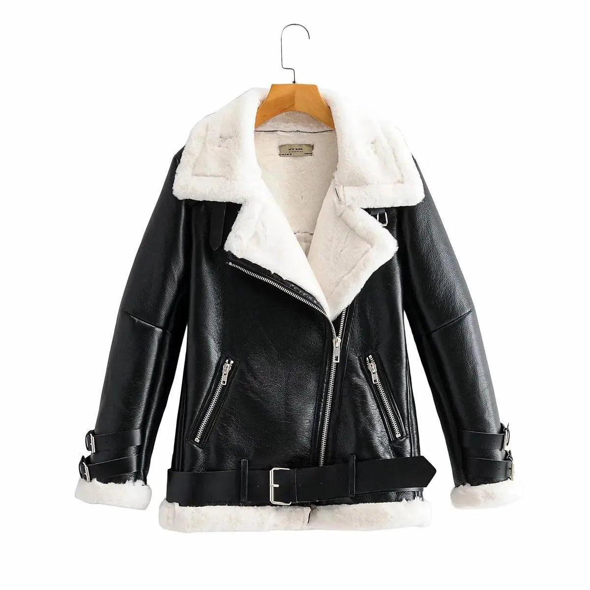Cream leather jacket with oblique zip, faux shearling collar, cuffs, and hem