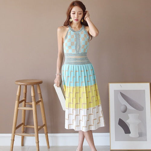 Geometric Plaid Knitted Dress - WOMONA.COM