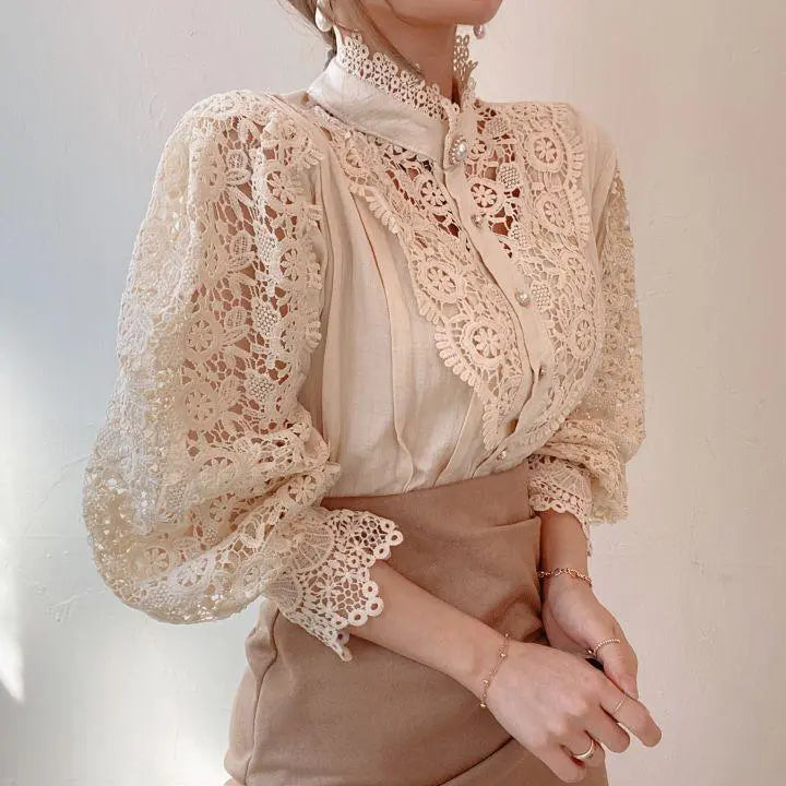 Flower Stitching Stand Collar Shirt - WOMONA.COM