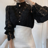 Flower Stitching Stand Collar Shirt - WOMONA.COM