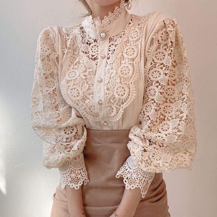 Flower Stitching Stand Collar Shirt - WOMONA.COM