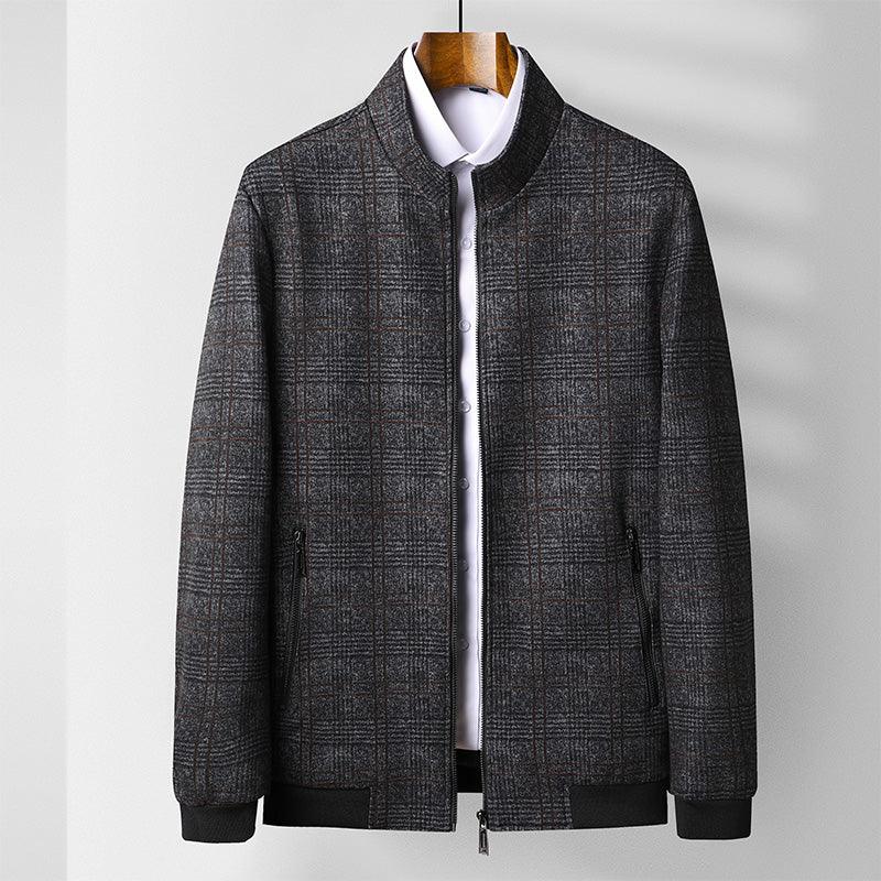 Men's stand-collar jacket in dark plaid with button placket and flap pockets
