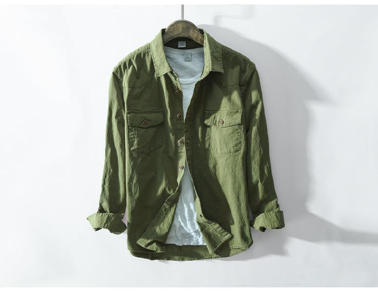 Men's casual slim button-up shirt in army green, with chest pockets and long sleeves