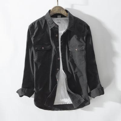 Men's casual slim button-up shirt in dark black, with chest pockets and long sleeves