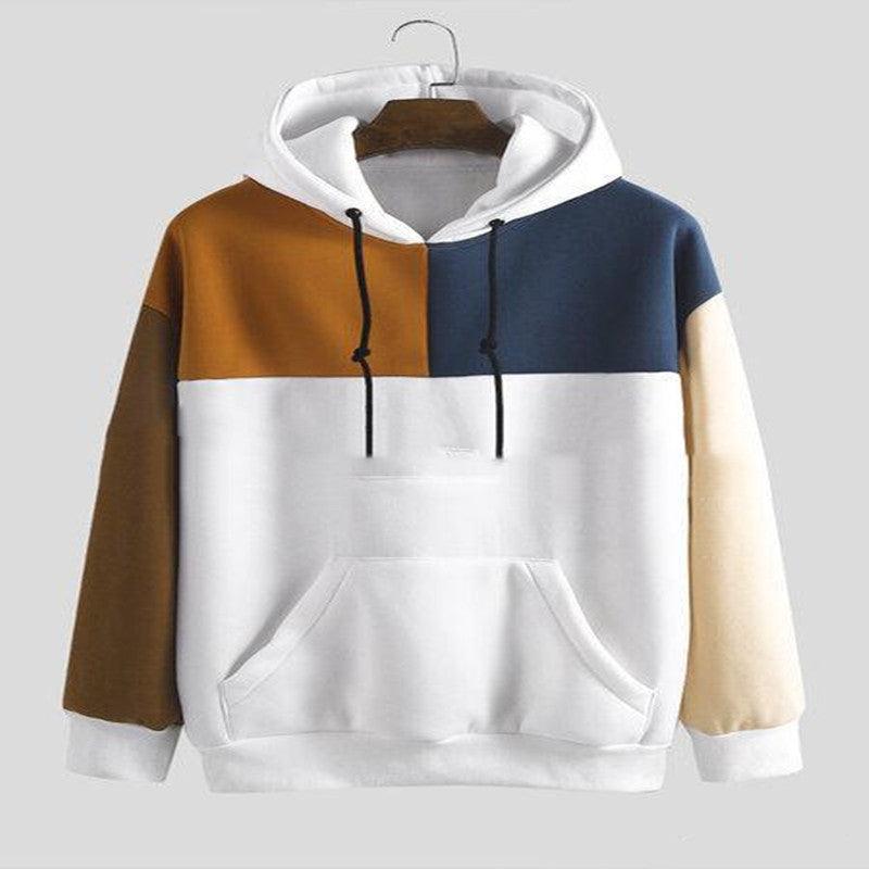 Tri-color hooded sweatshirt sweater: rust, navy, and white with kangaroo pocket