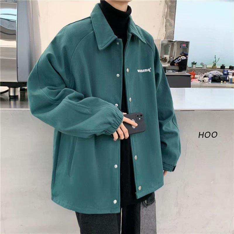 Teal slim button-up jacket with stand collar, long sleeves, wasenq logo on chest