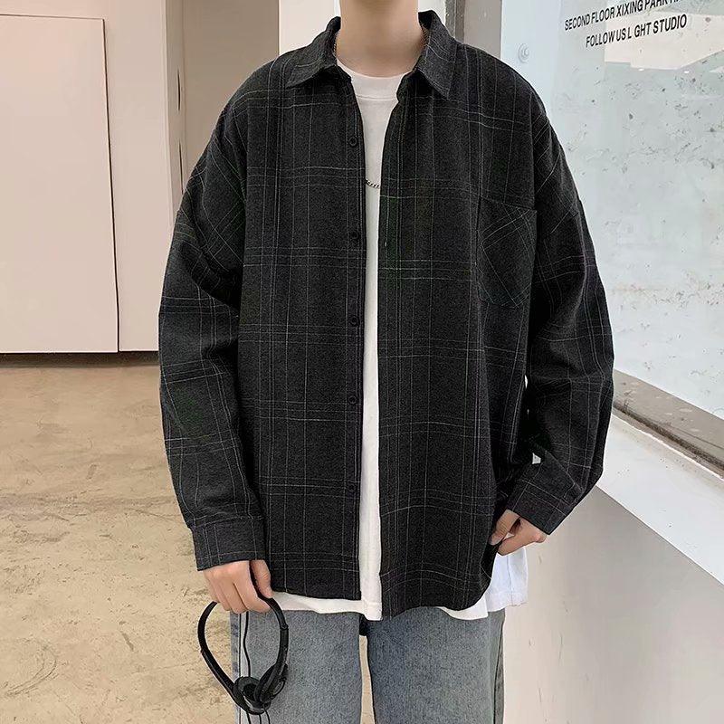 Men's black plaid casual button-up shirt with chest pocket and long sleeves