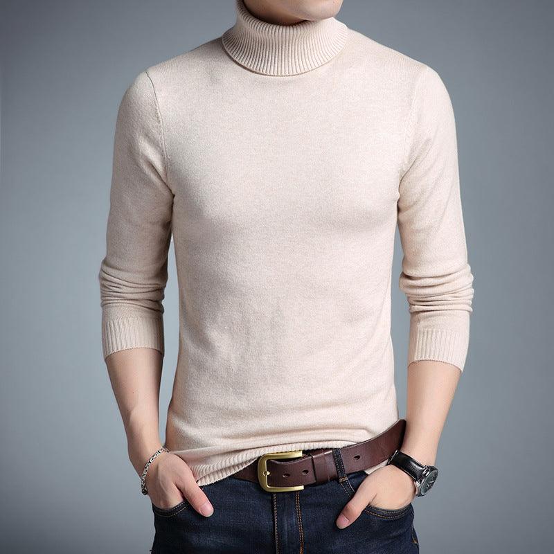 Men's slim high-neck sweater, light beige knit with ribbed collar and cuffs.