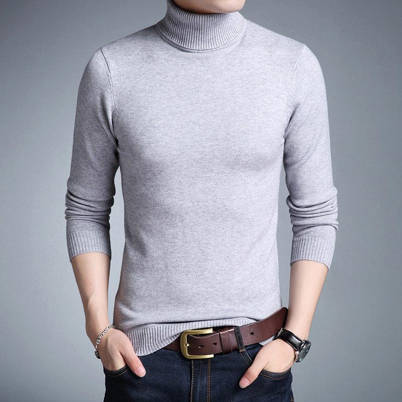Men's slim high-neck sweater, light gray knit with ribbed collar and cuffs.