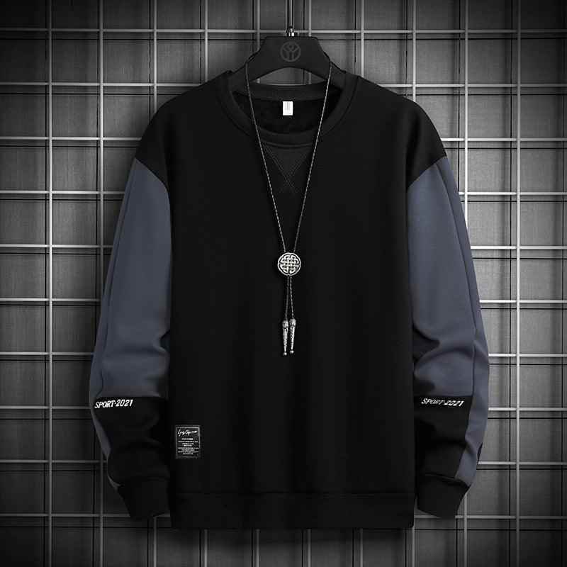 Pullover sweatshirt with crew neck, long sleeves, black with dark blue sleeves